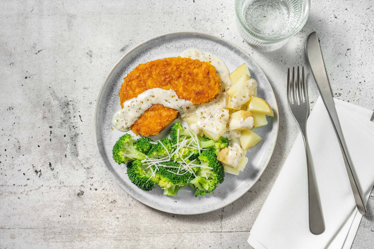 Vegetarische schnitzel met parmezaan-roomsaus
