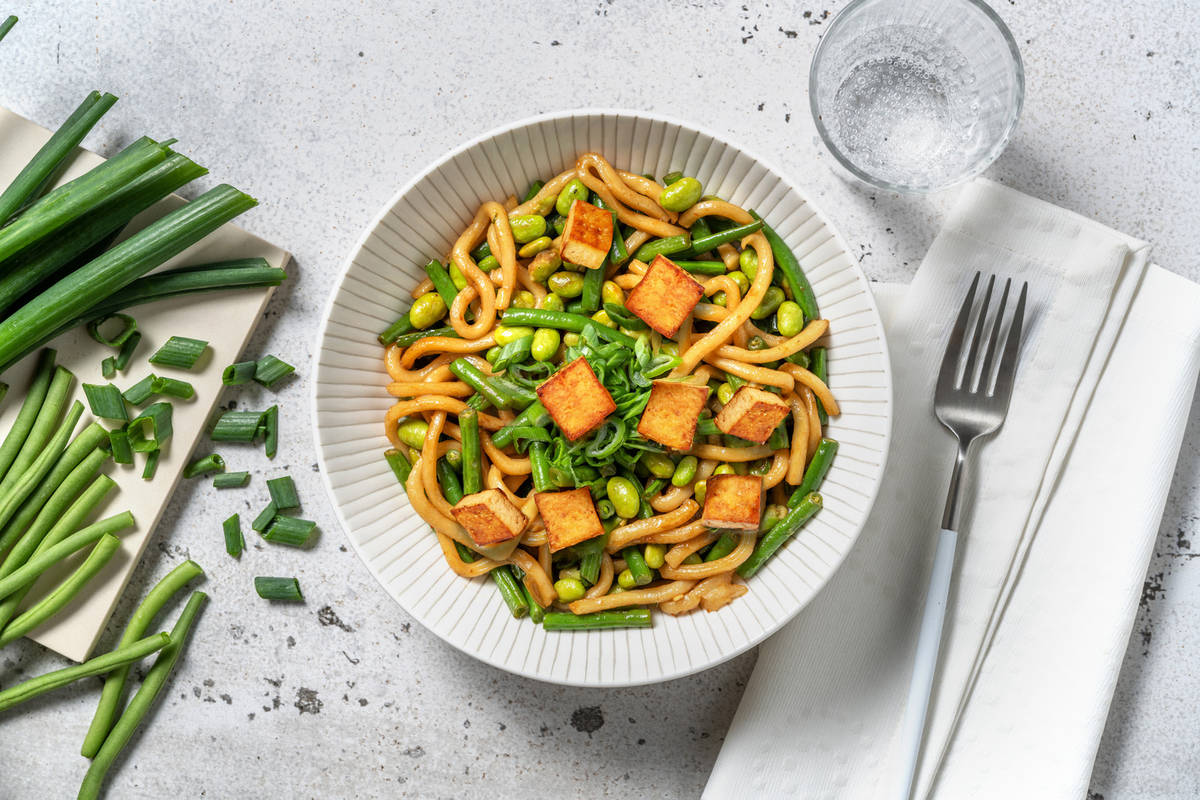 Udon 'green' ai fagiolini, edamame e tofu