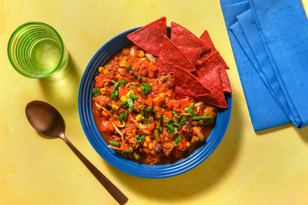 Mijoté de bœuf à la mexicaine et nachos à la betterave