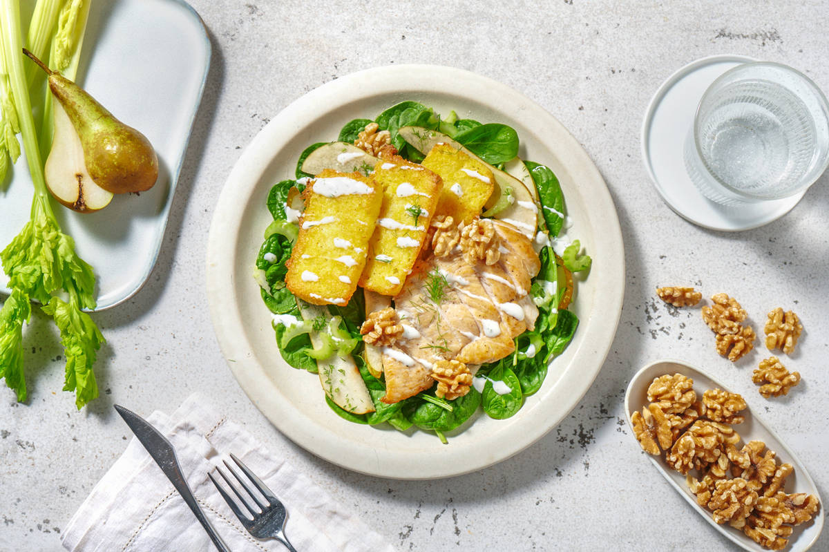 Petto di pollo, pera e spinacini