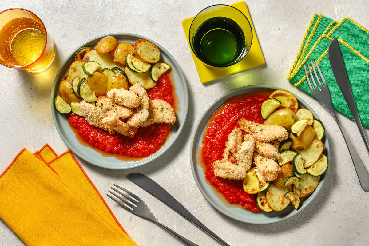 Pepite di pollo impanato e salsa fresca ai datterini