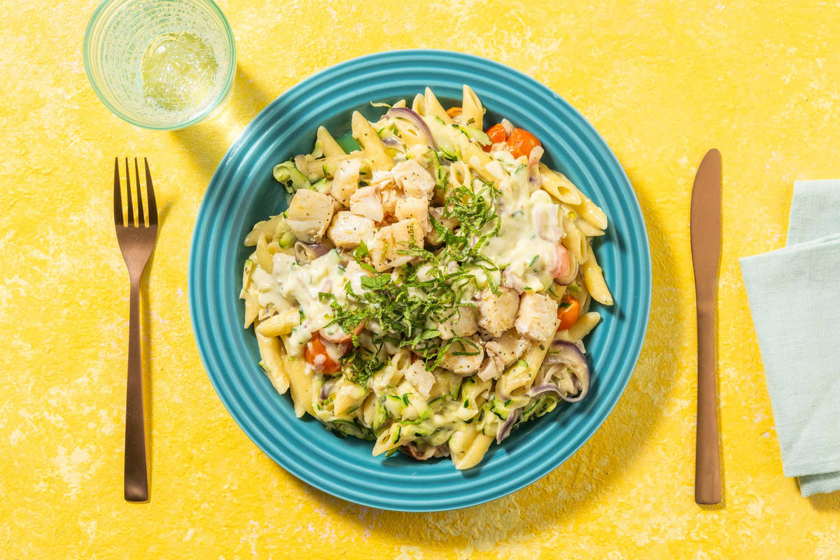 Snelle pasta met kabeljauw in roomsaus