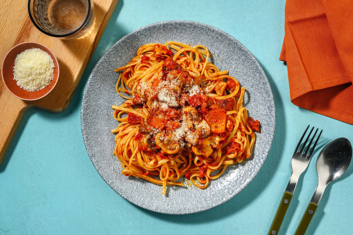 Roasted Pepper, Mushroom and Chorizo Linguine