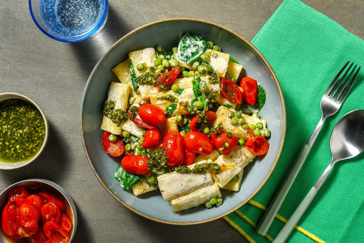 Presto Pesto Chicken and  Pea Rigatoni