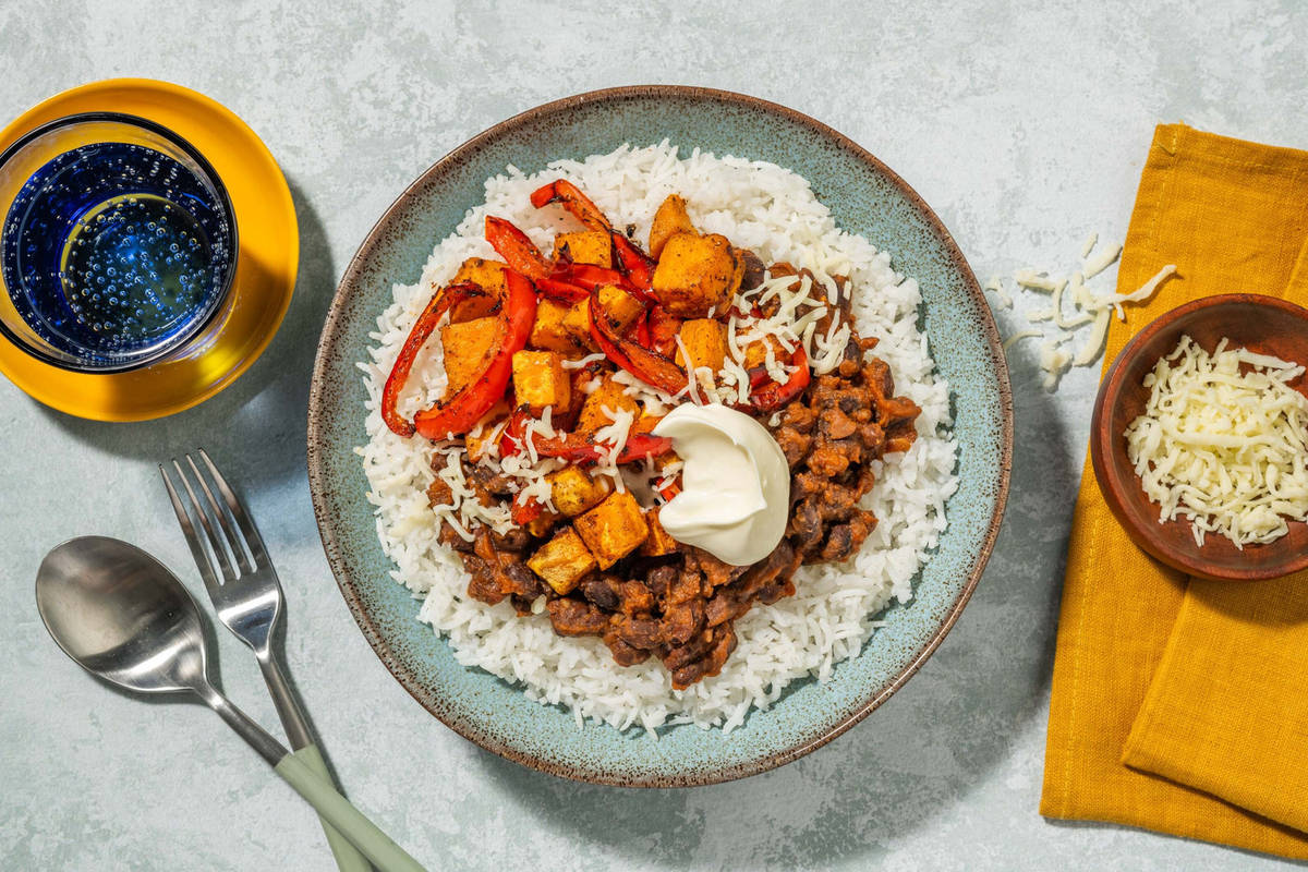 Chorizo, Sweet Potato and Refried Bean Burrito Bowl