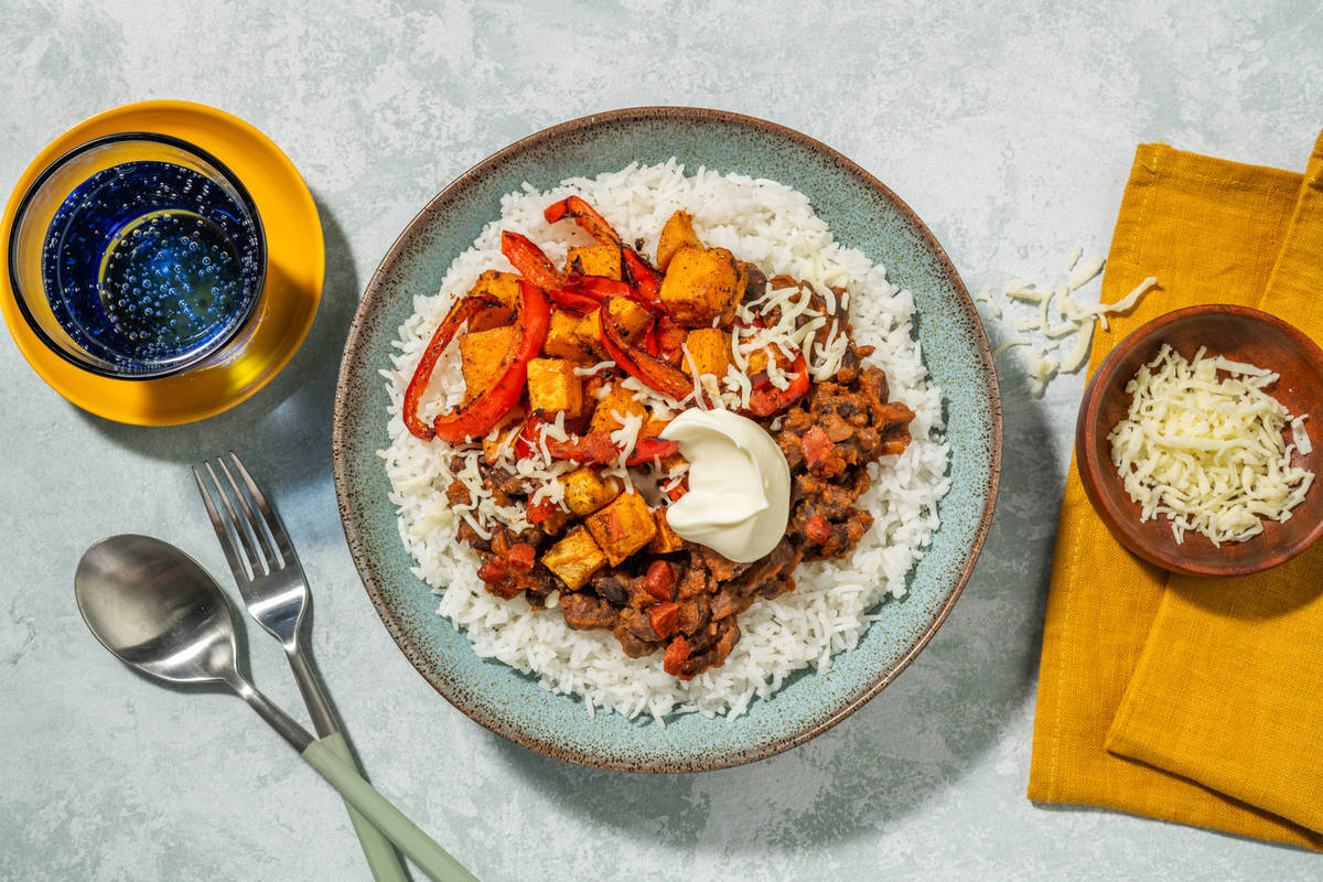 Chorizo, Sweet Potato and Refried Bean Burrito Bowl