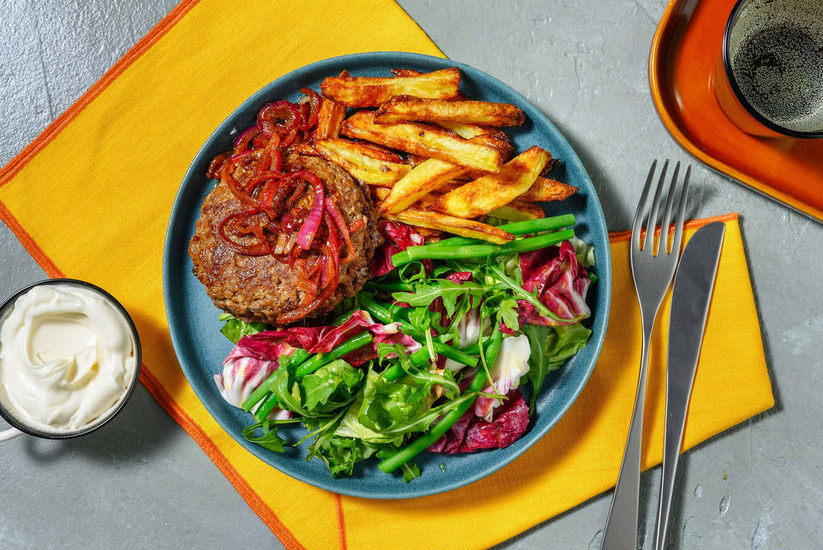 Duitse biefstuk met saus van ui