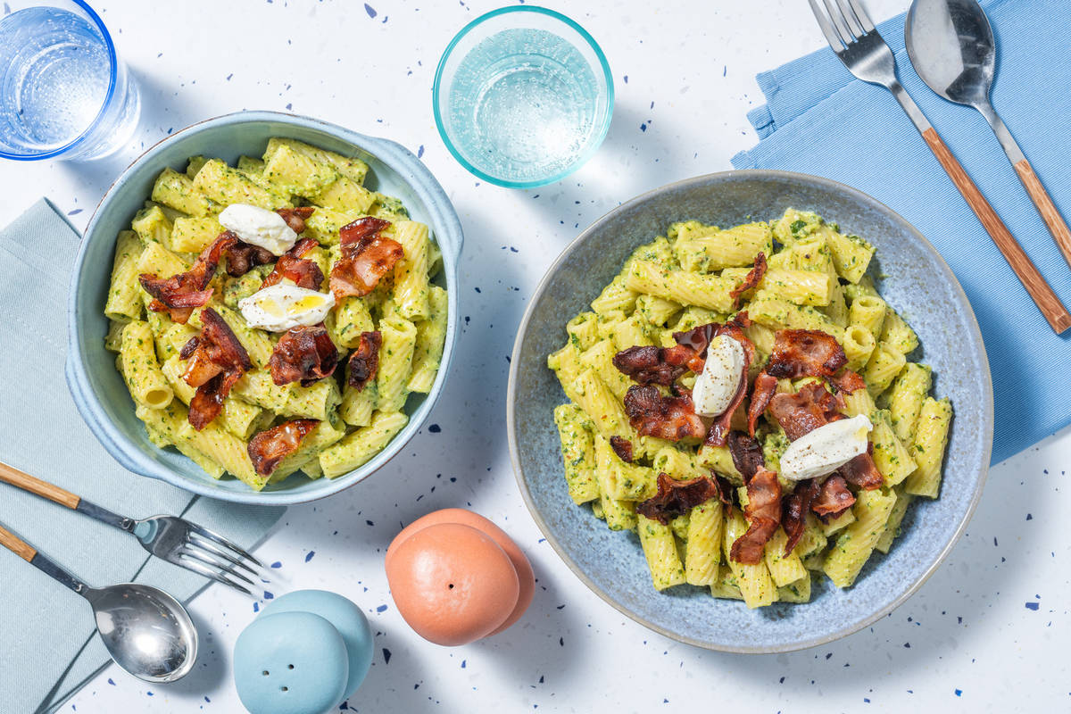 Tortiglioni verdi e pancetta croccante