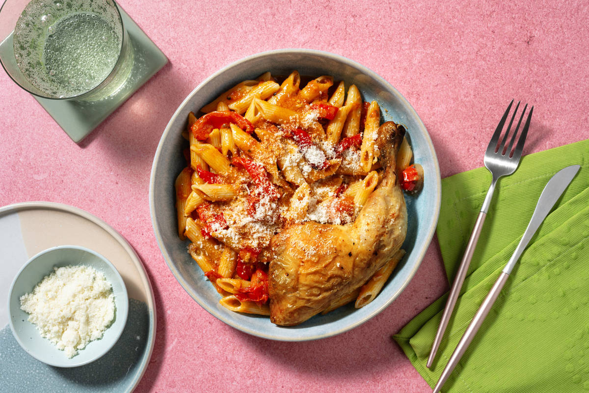 Cuisse de poulet, penne & pesto rosso