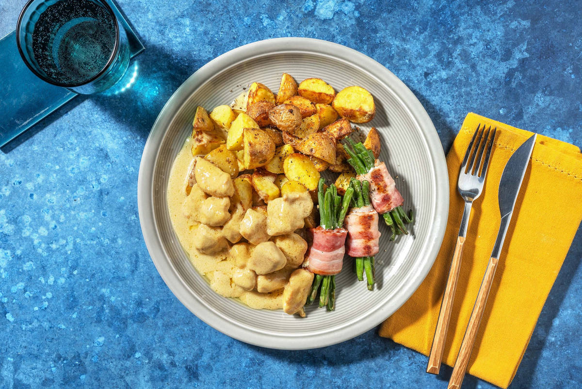Poulet sauce crème & fagots de haricots