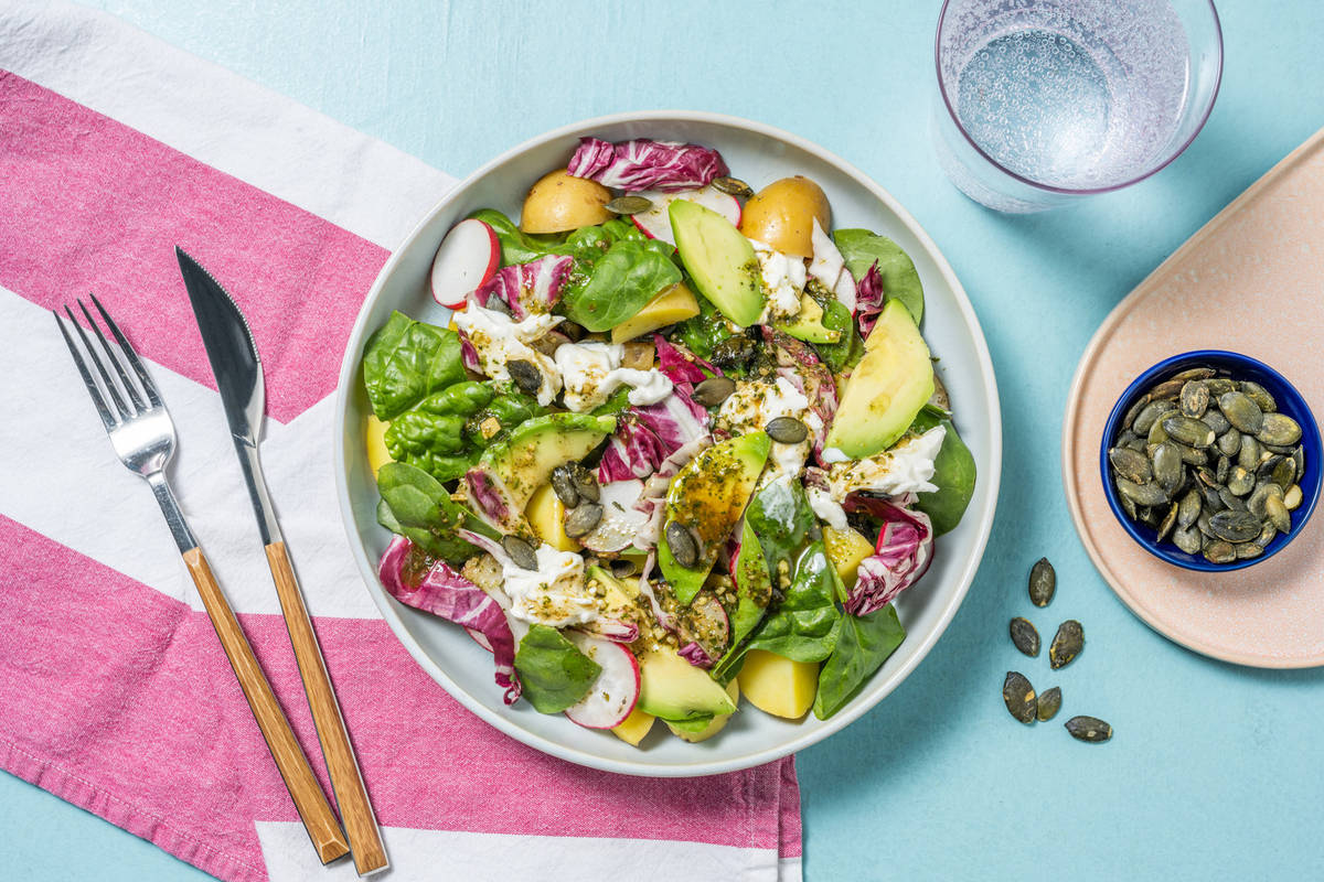 Salade de grenailles, bufala & avocat