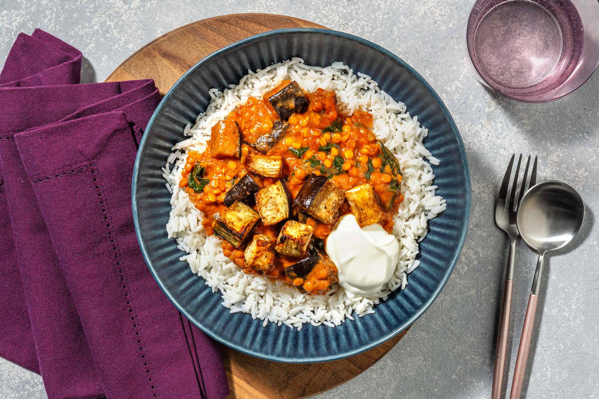 Roasted Aubergine and Spinach Dal