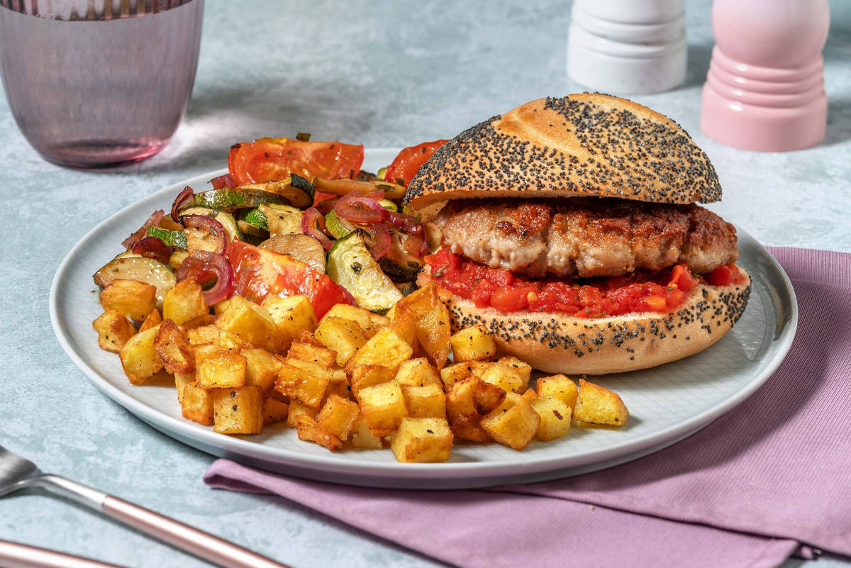 Burger croustillant d'escalope de poulet panée et dip de bruschetta
