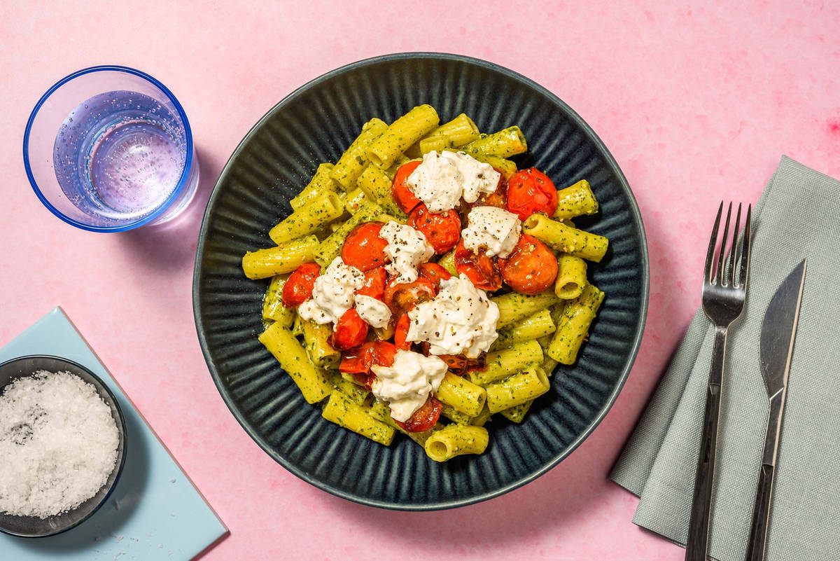 Rigatoni pour Maman chérie au pesto & burrata