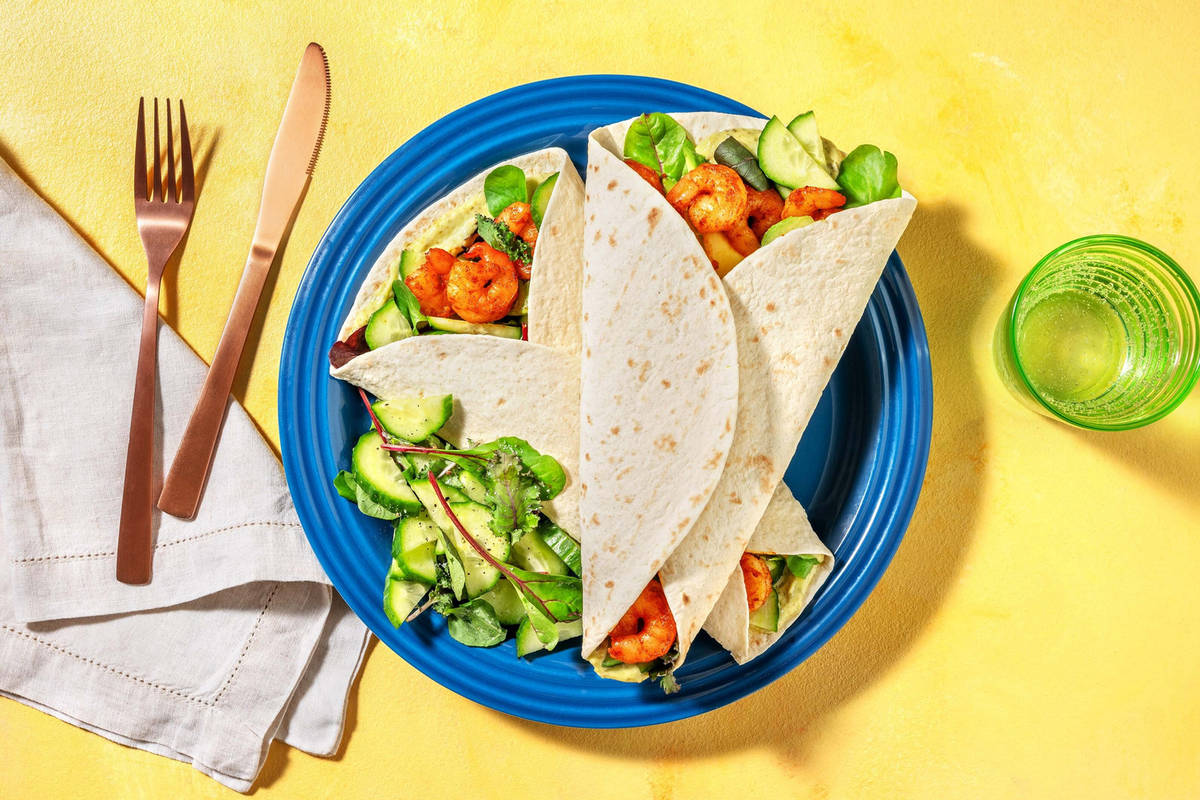 Wraps de crevettes, avocat & mayo basilic
