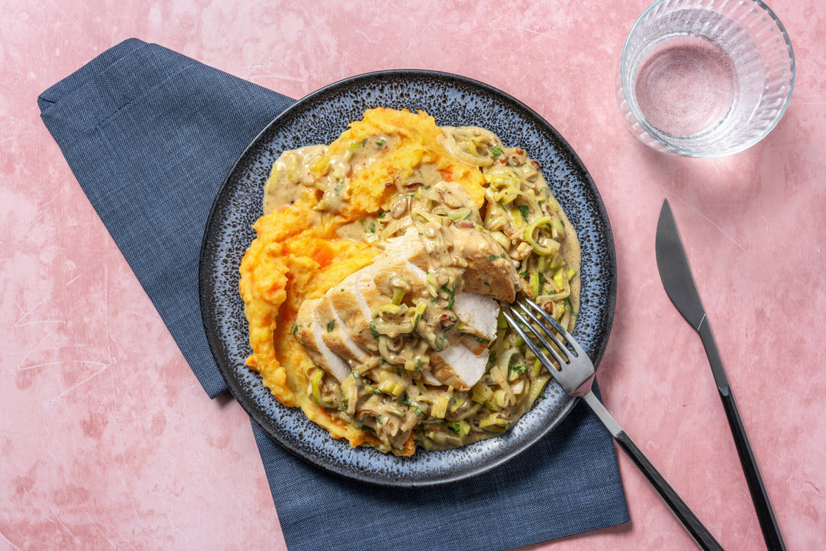 Poulet à la moutarde, tombée de poireau & purée