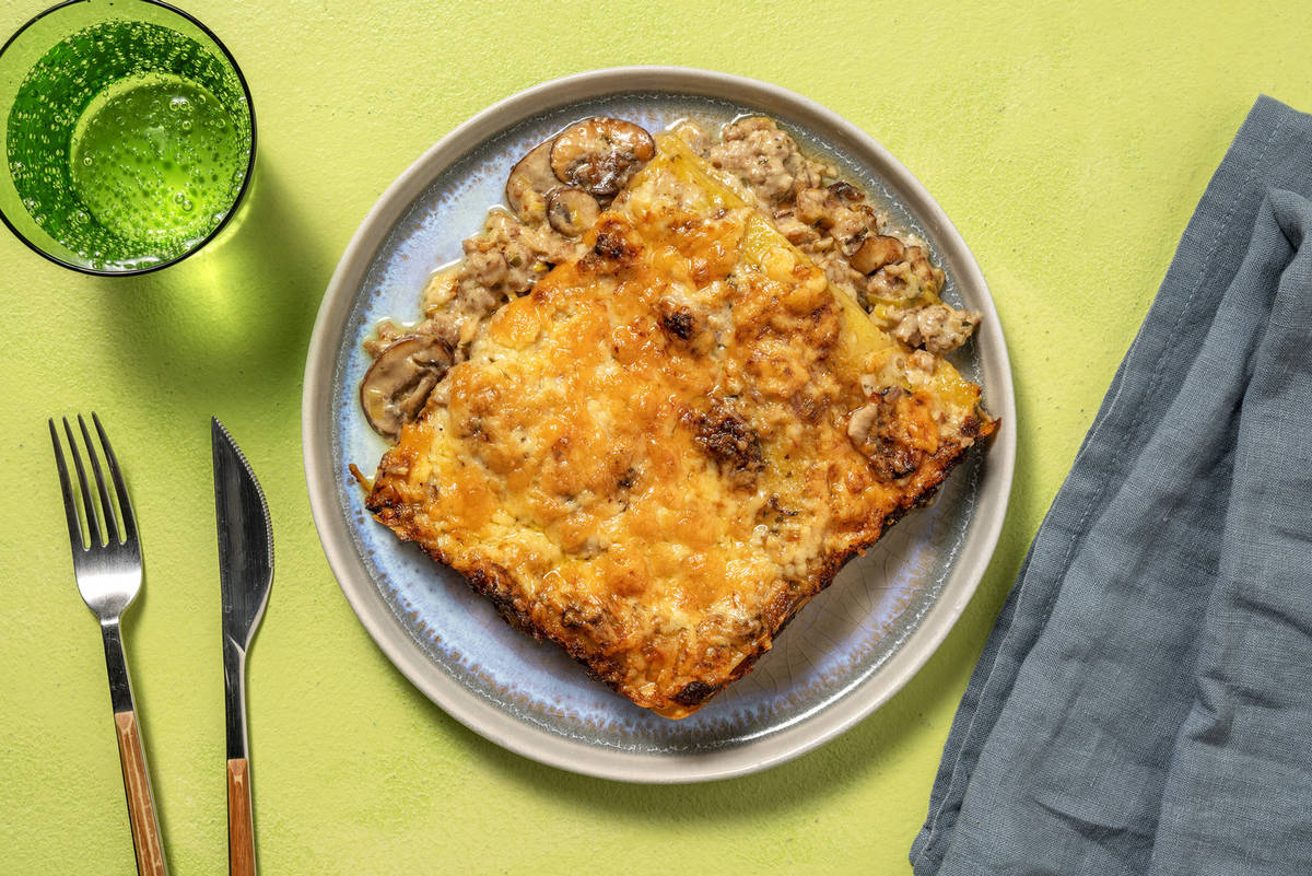Lasagne crémeuse au poulet haché & champignons