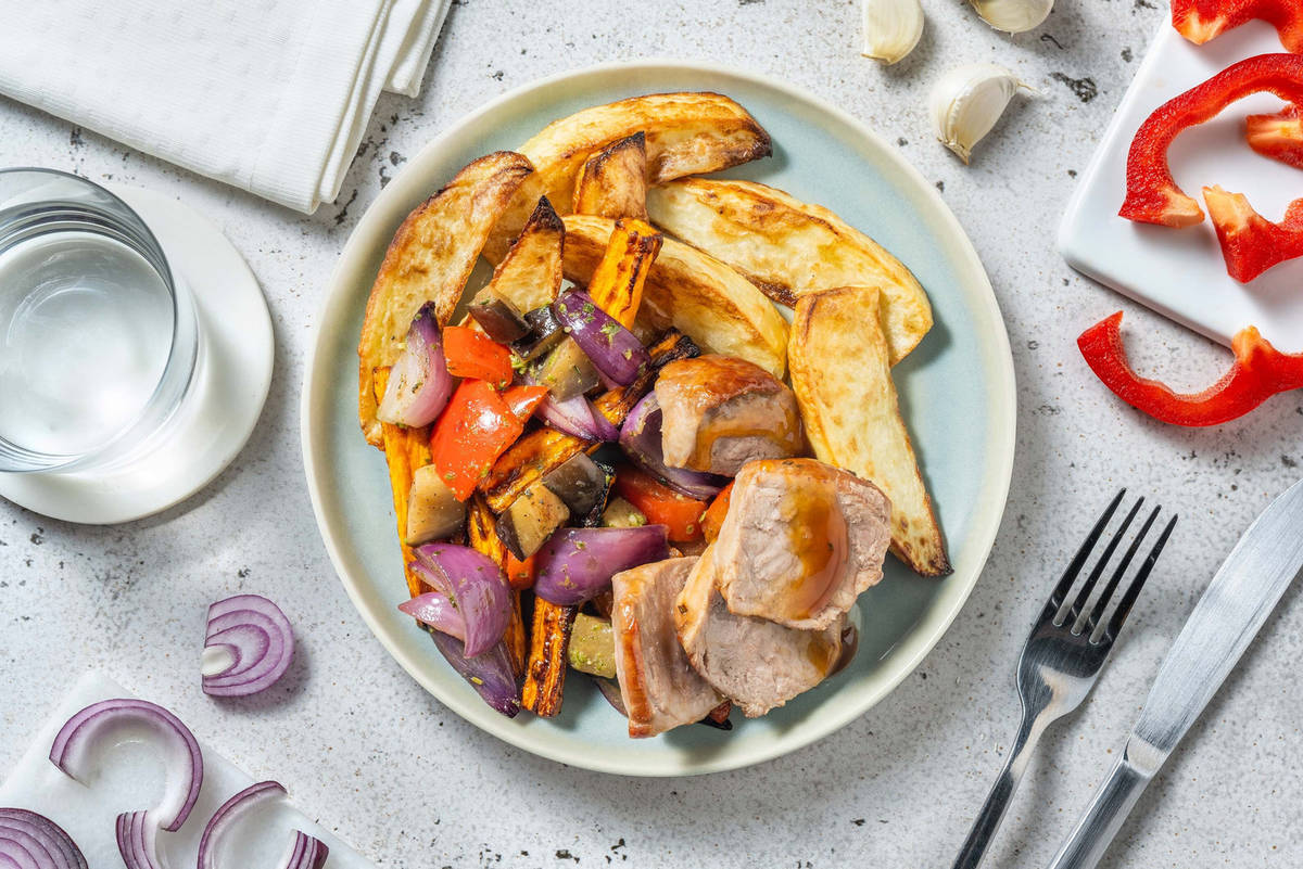Varkenshaas in honing-mosterdsaus met aardappelpartjes