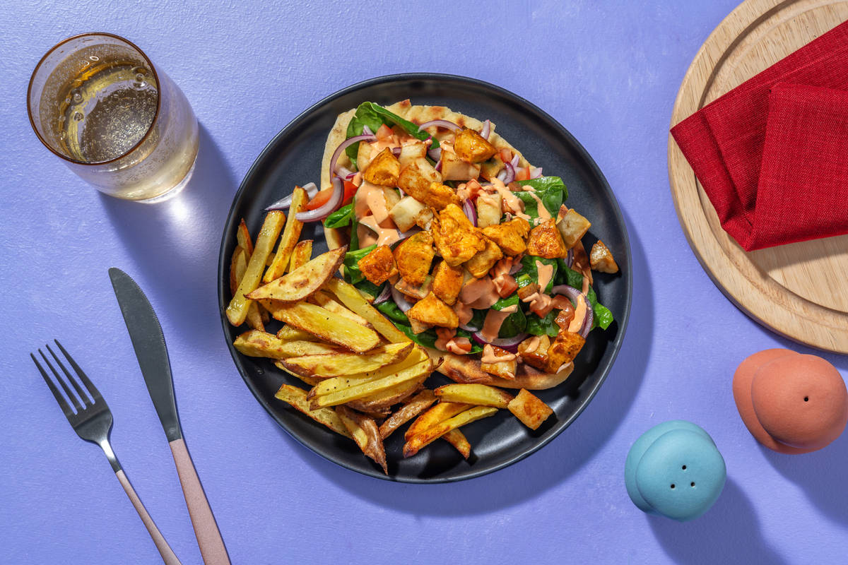 Souvlaki Inspired Chicken and Halloumi Flatbreads