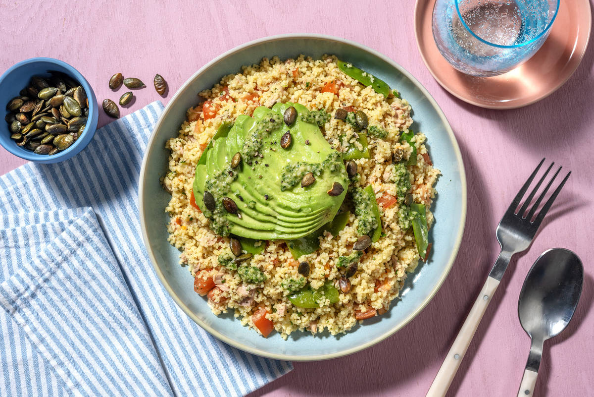 Groene couscous met tonijn en peultjes