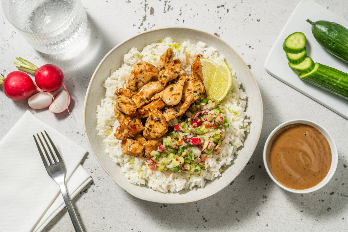 Limettenreis Bowl mit spicy Garlic-Chicken