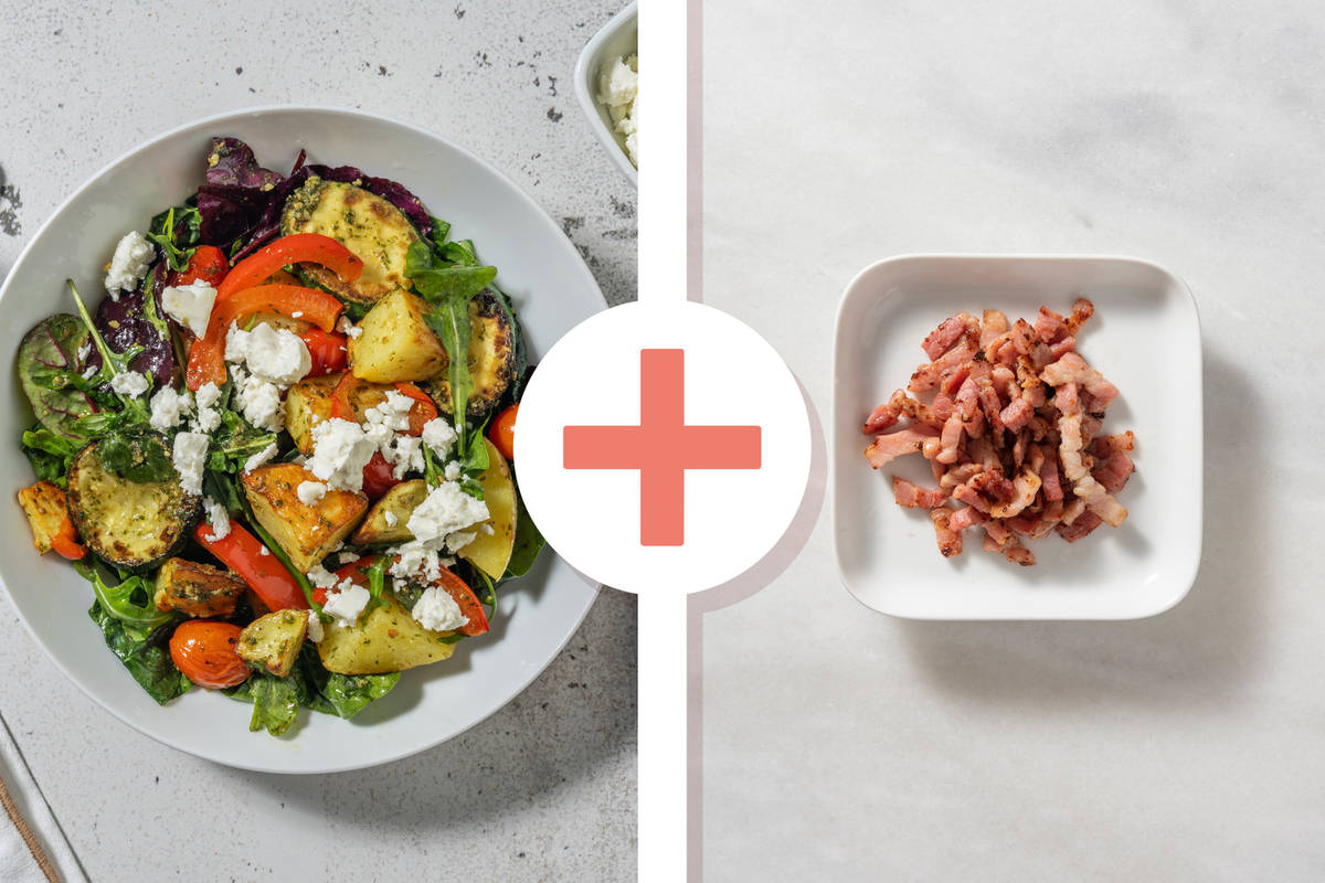 Warm Pesto Bacon and Roasted Veg Salad