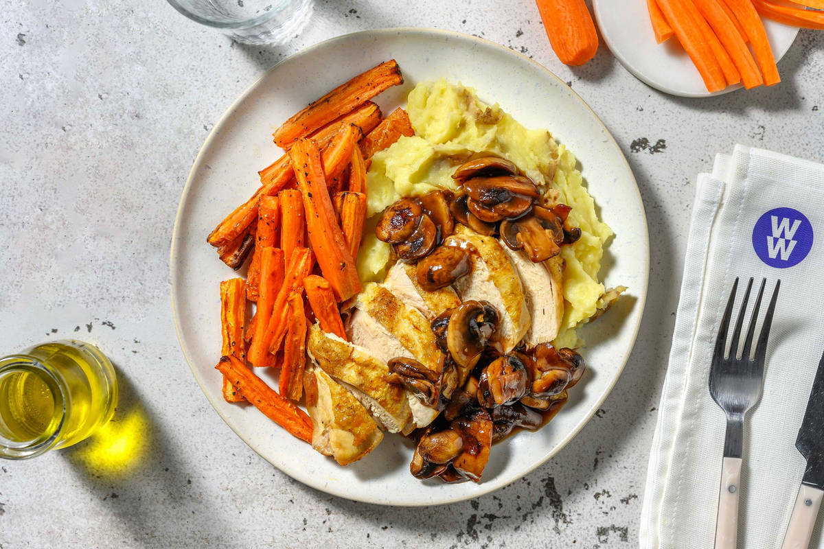 Roasted Chicken in Red Wine Mushroom Sauce