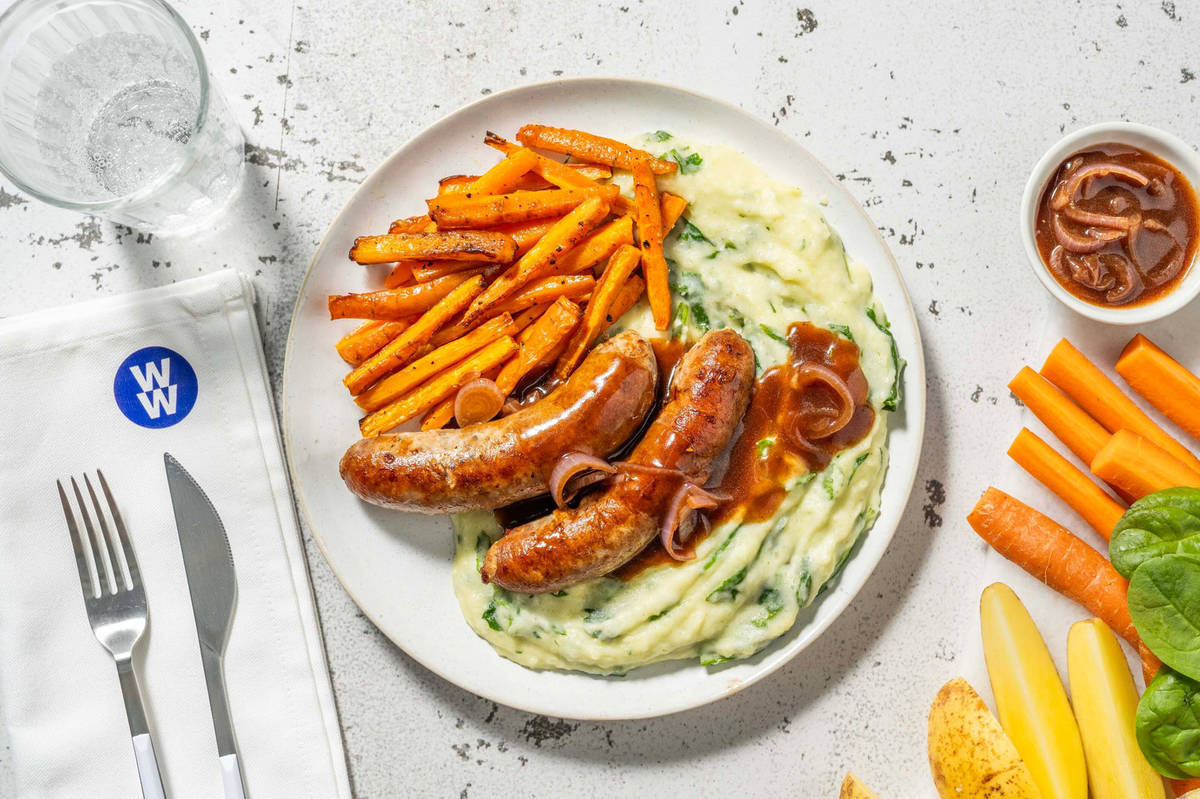 Honey Mustard Sausages and Onion Gravy