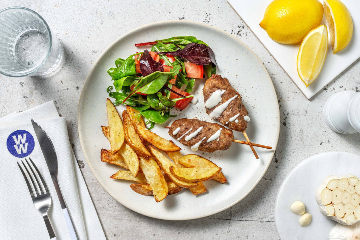 Chermoula Pork Koftas and Greek Style Fries