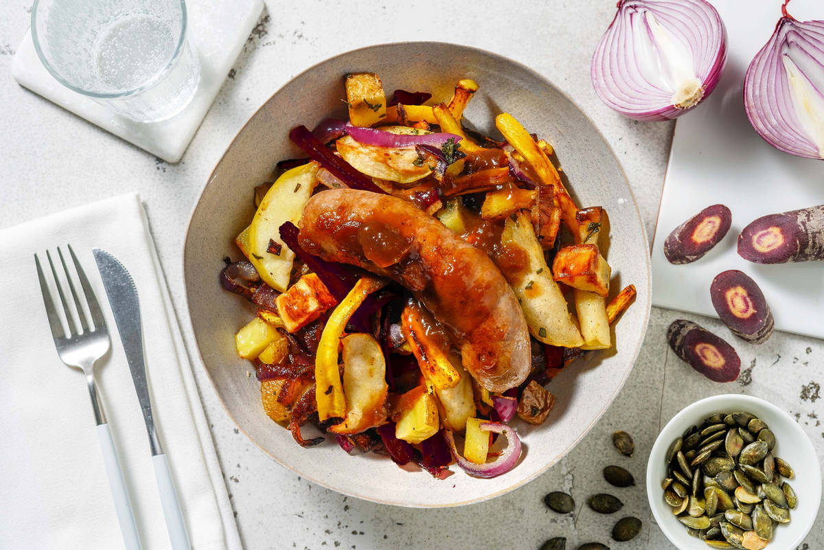 Majoraan-knoflookworst van Brandt & Levie met aardappeltjes