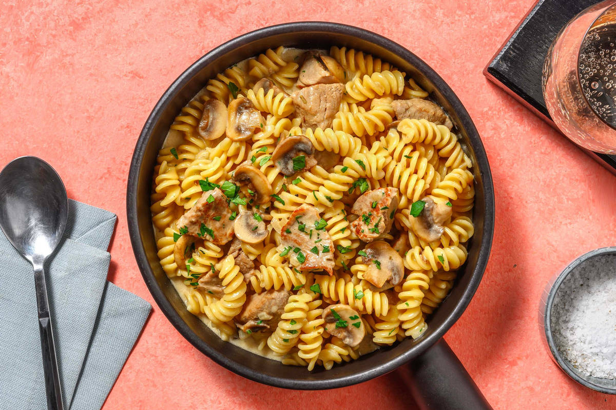 Pasta mit Bio-Schweinestreifen