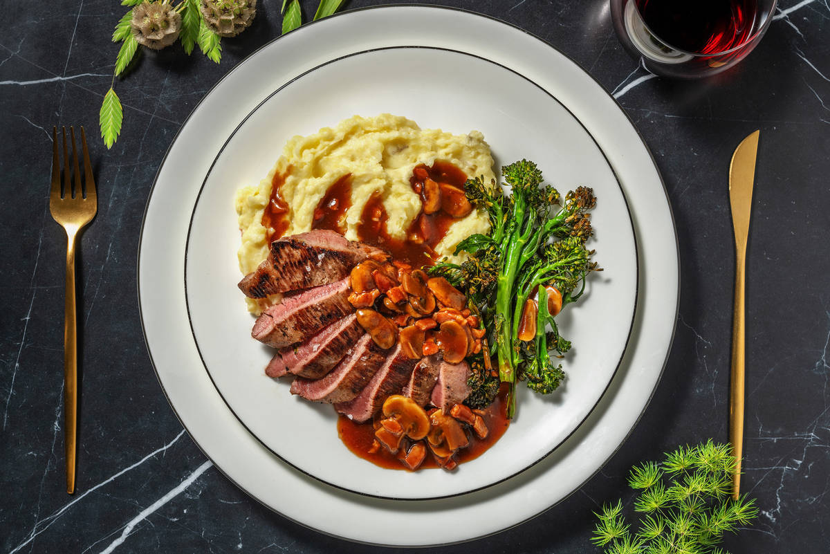 Venison Steak and Bacon Bourguignon Sauce