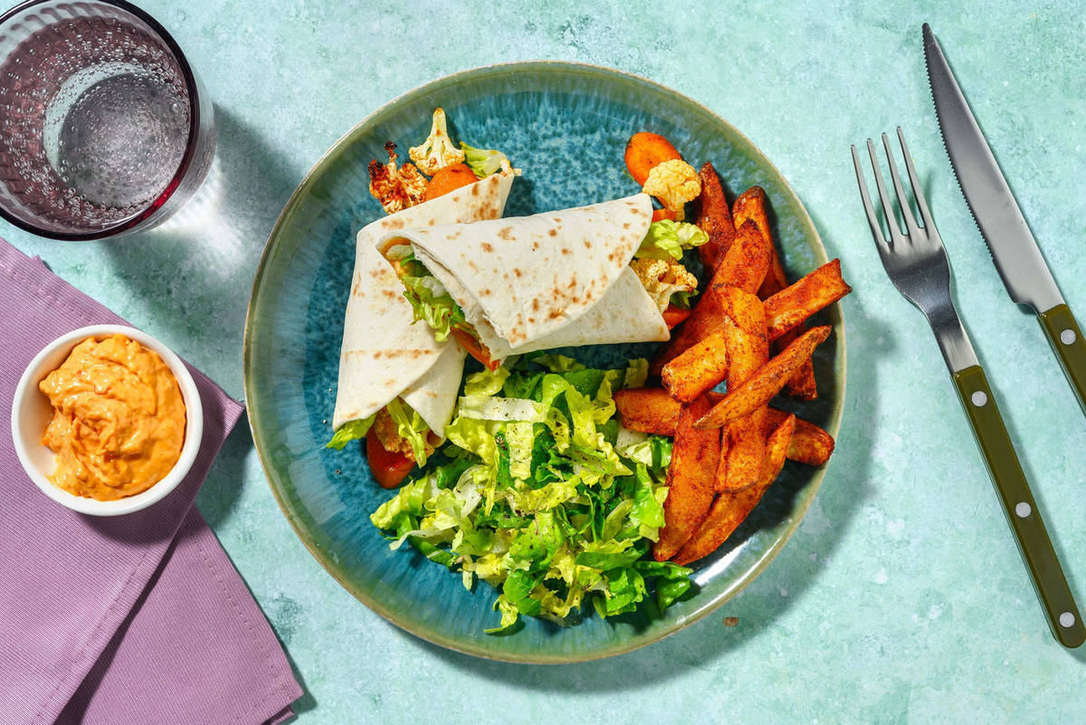 Ajvar-Hummus Makali Wrap mit Kartoffelspalten