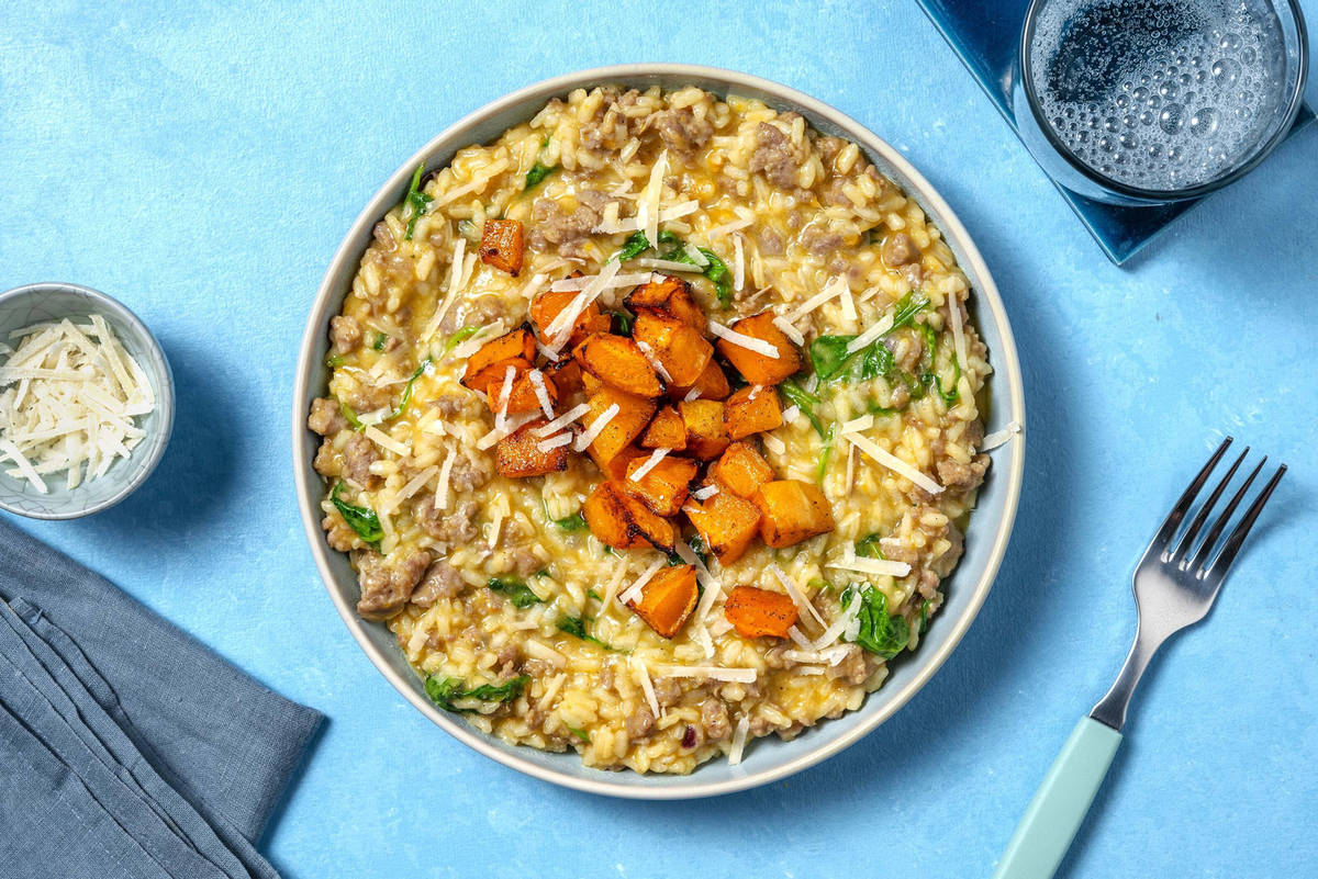 Risotto met worst en pompoen