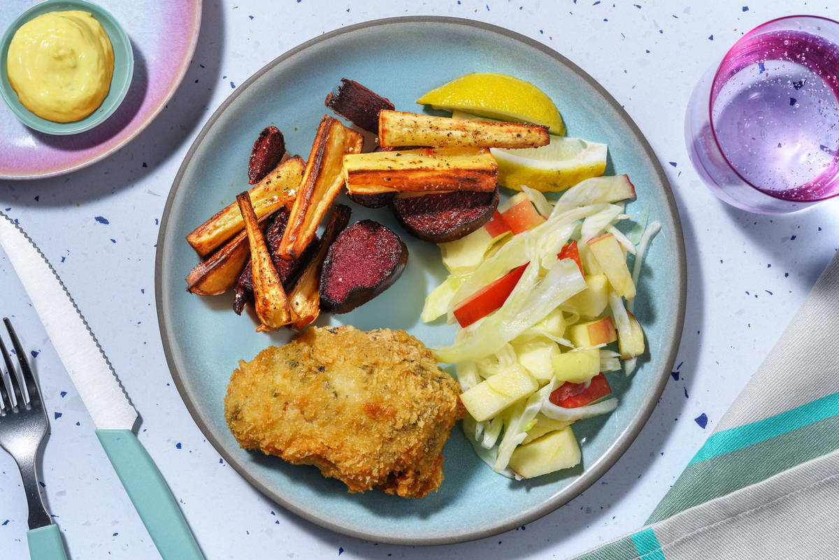 Panert torsk og rotfruktfries