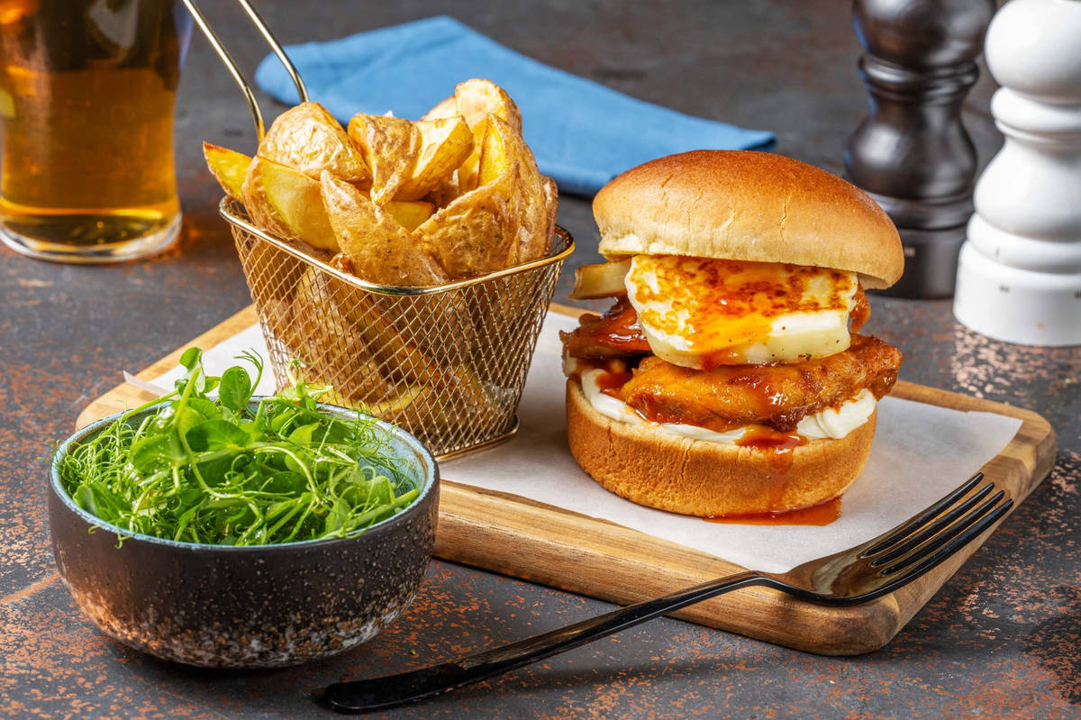 Hot Honey Crispy Chicken and Halloumi Burger