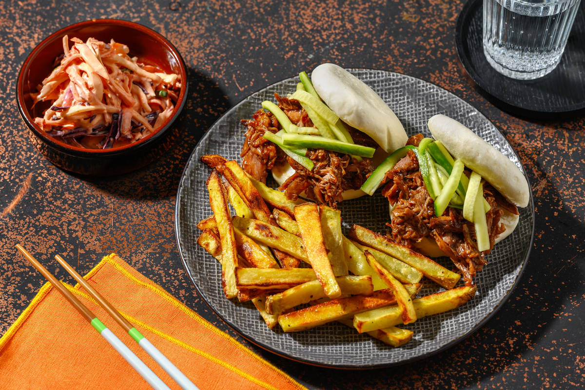 Hoisin Duck Bao Buns and Sesame Fries