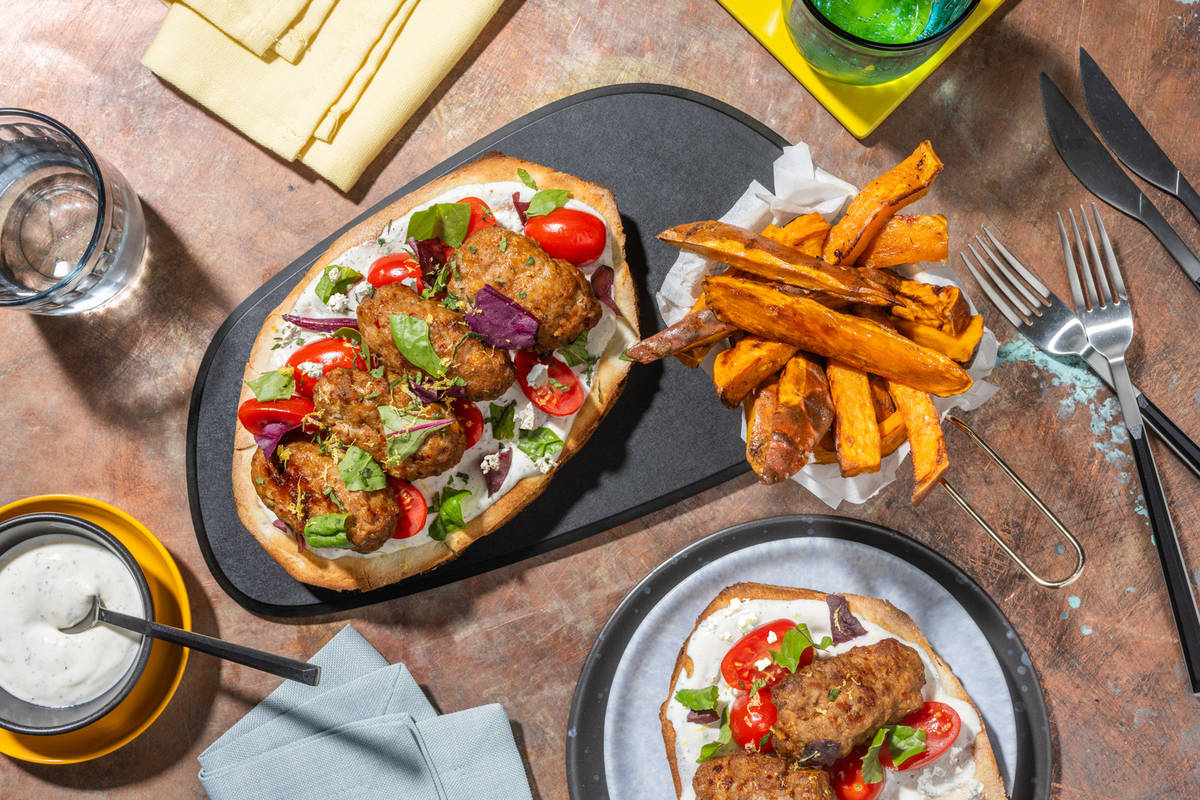 Harissa Pork Koftas on Flatbreads