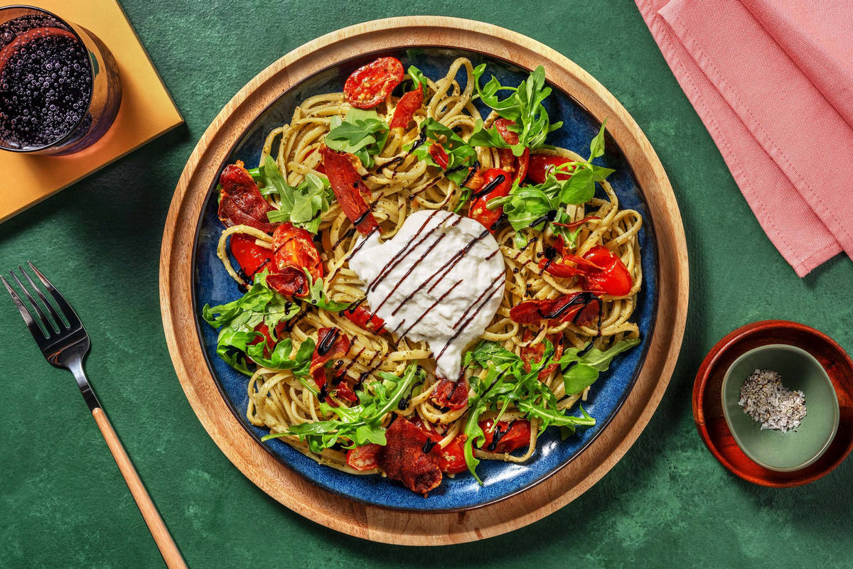 Ultimate Burrata, Crispy Bacon and Pesto Linguine