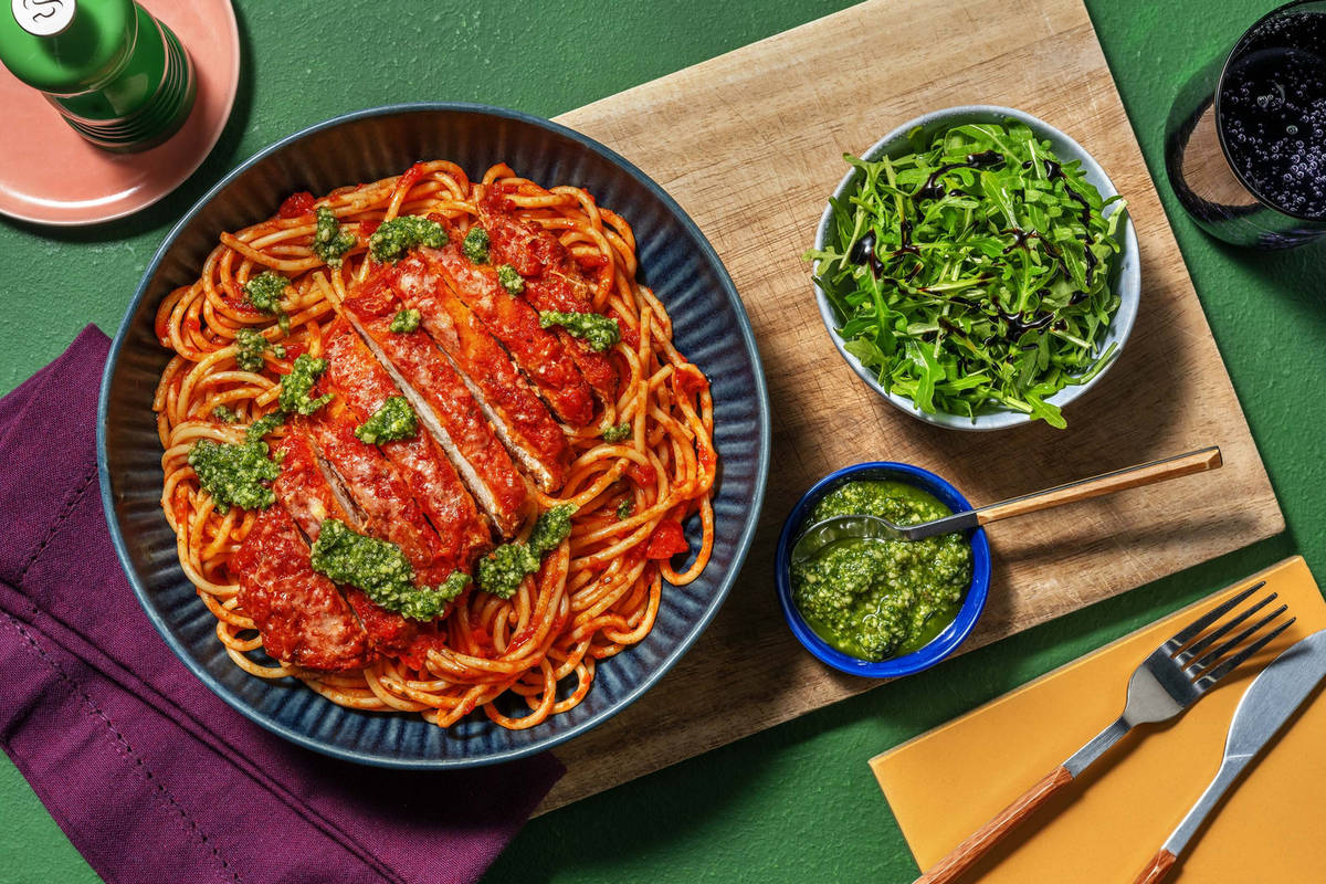 Ultimate Crispy Chicken Parmigiana and Spaghetti