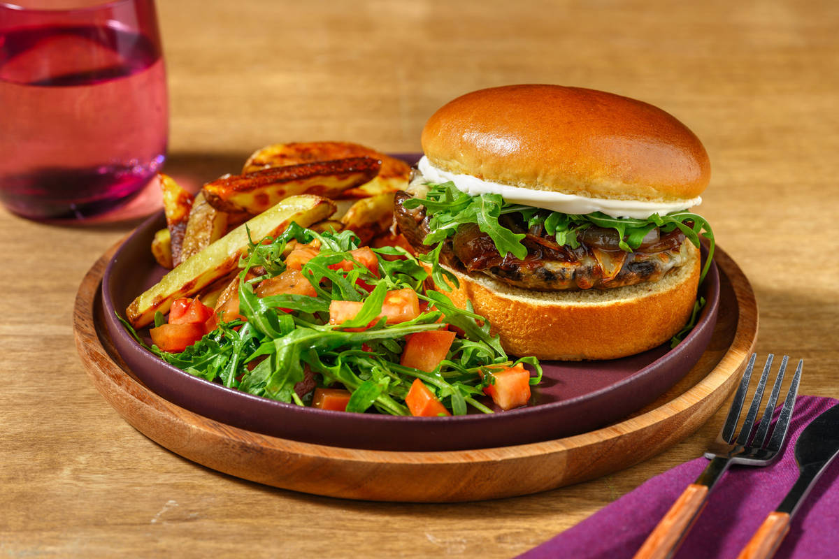 Cheesy Mushroom Burger and Fries