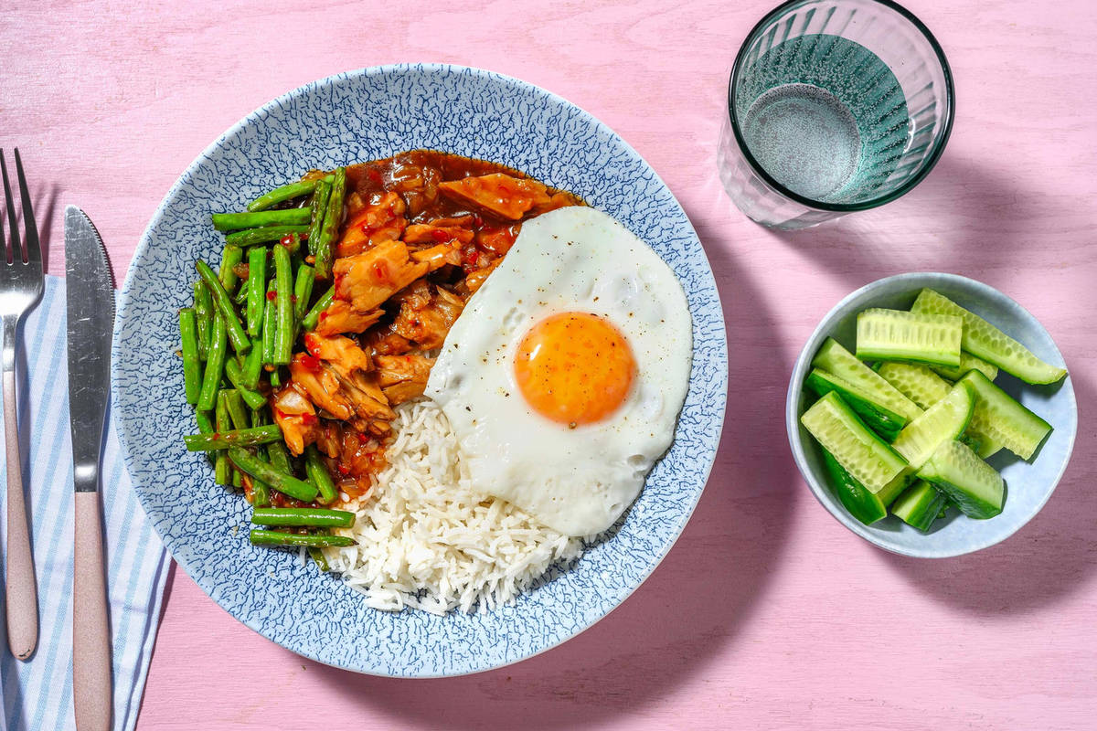 Vegetarische kipstukjes met sperziebonen