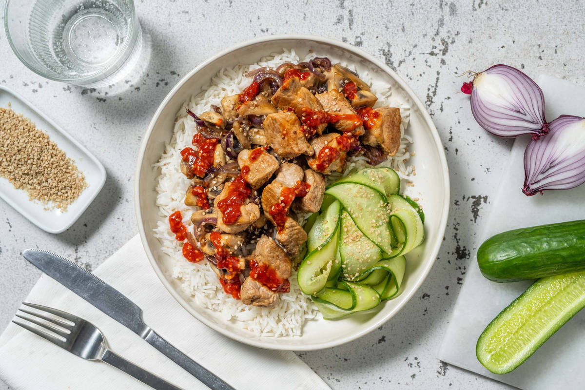 Rijstbowl met varkenshaaspuntjes