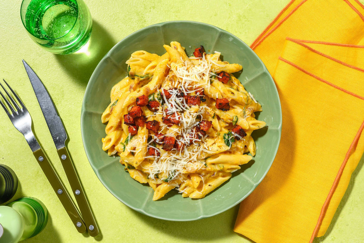 Penne in romige pompoensaus met chorizo