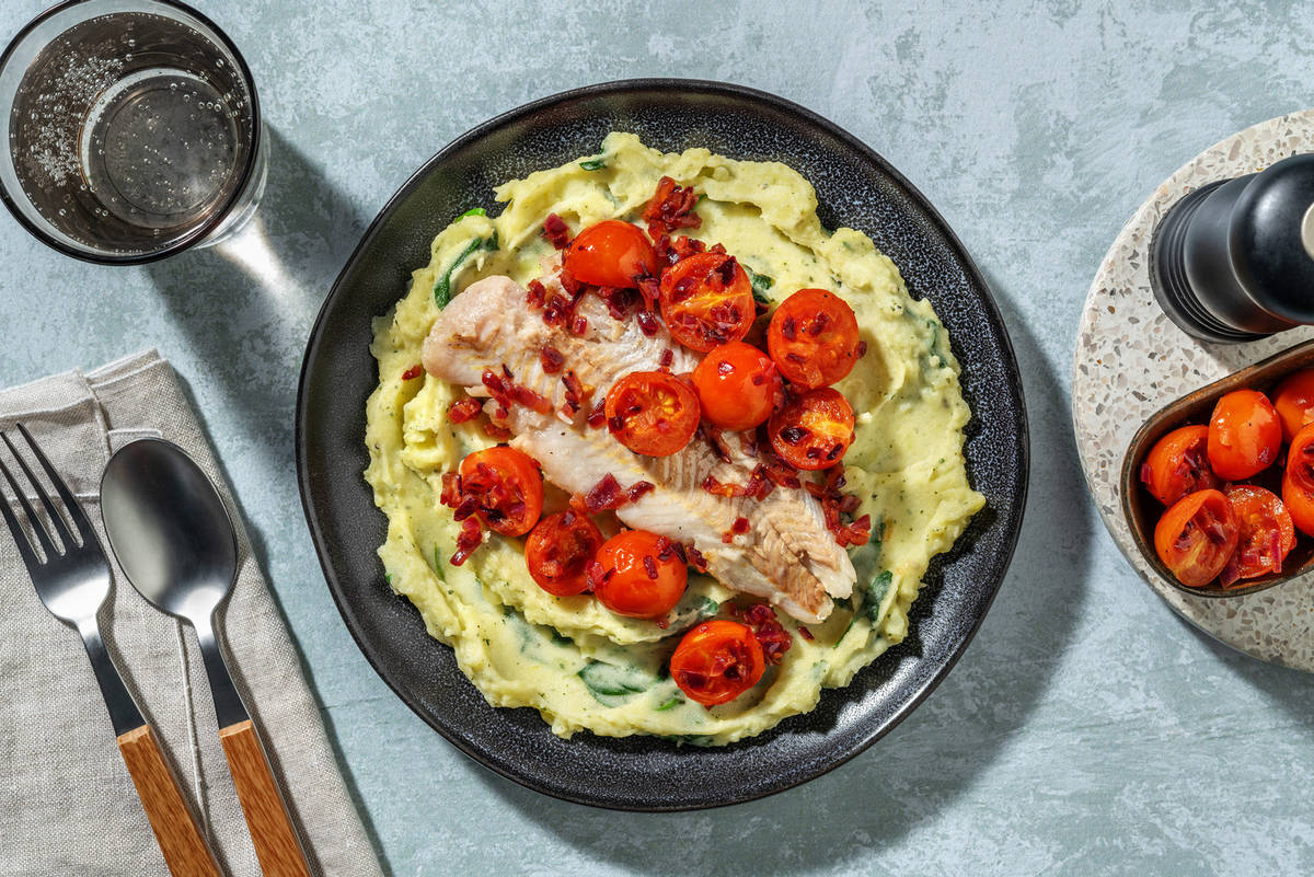 Heekfilet met spinazie-basilicumpuree