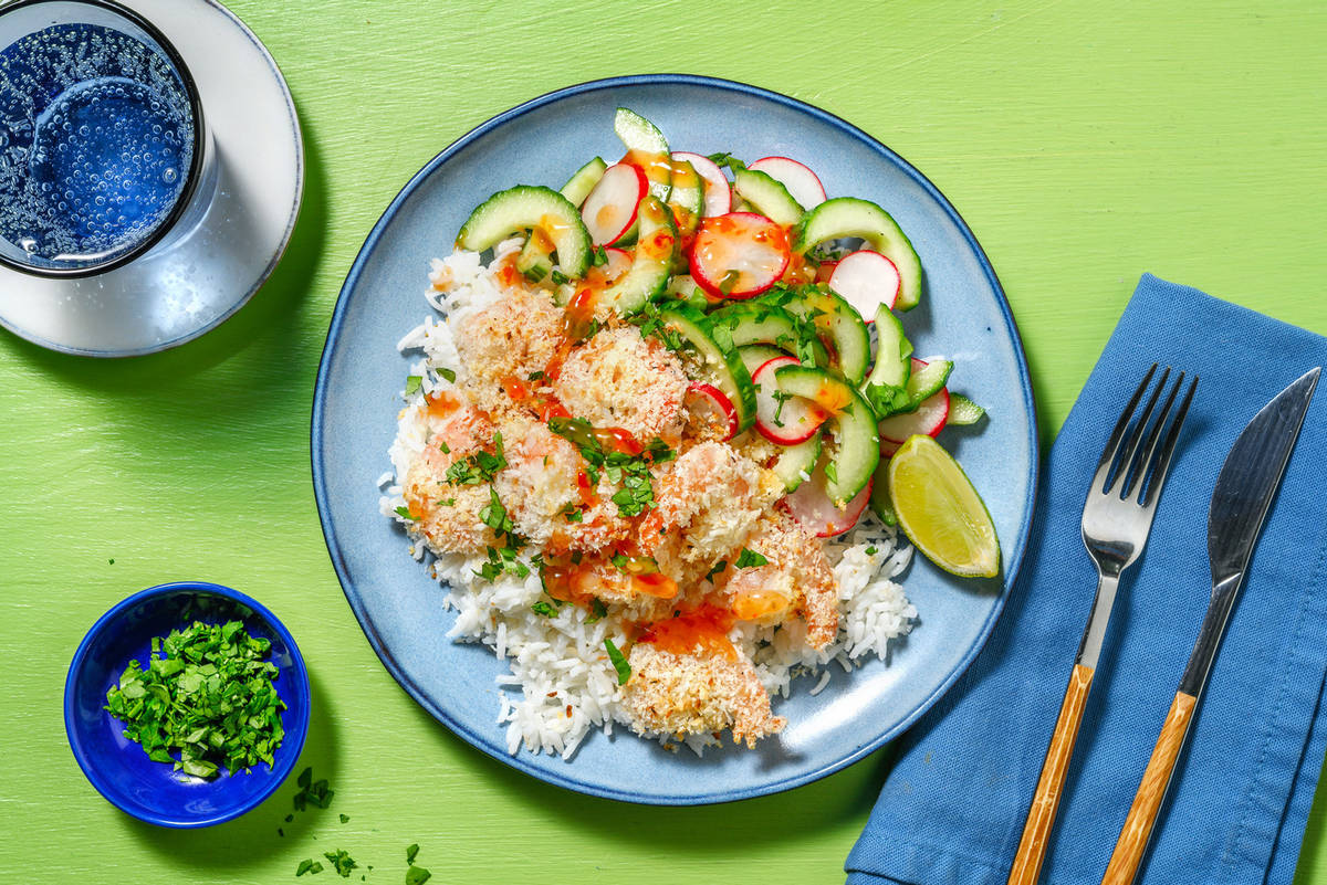 Krokante garnalen met kokosrijst