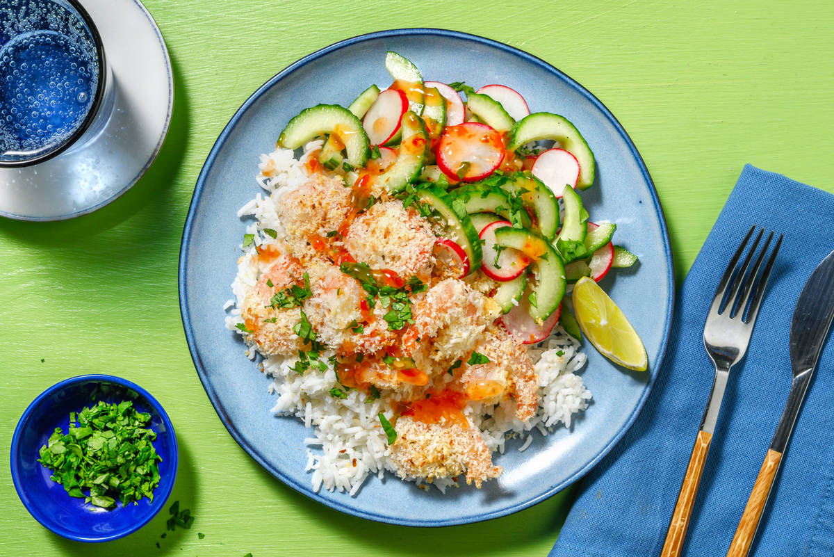 Krokante garnalen met kokosrijst