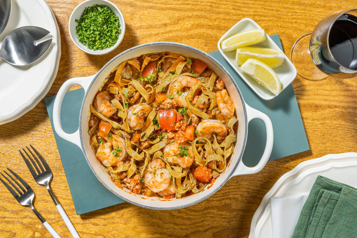 Tagliatelle met garnalen en Brandt & Levie worst
