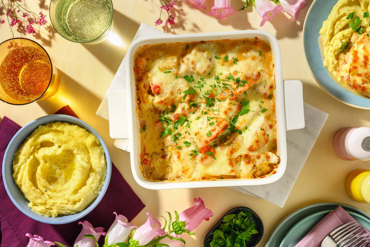 Gratin de poisson au cabillaud, colin, saumon et crevettes