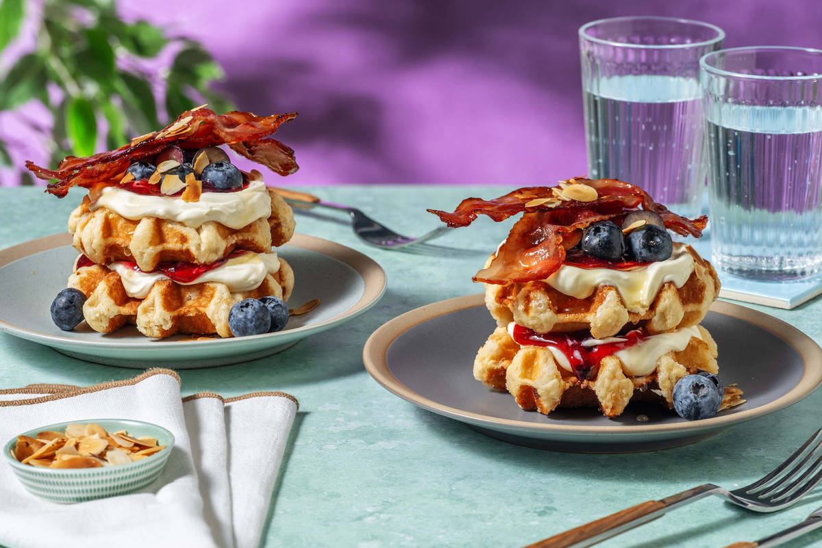 Blueberry and Honey Drizzled Bacon Waffles